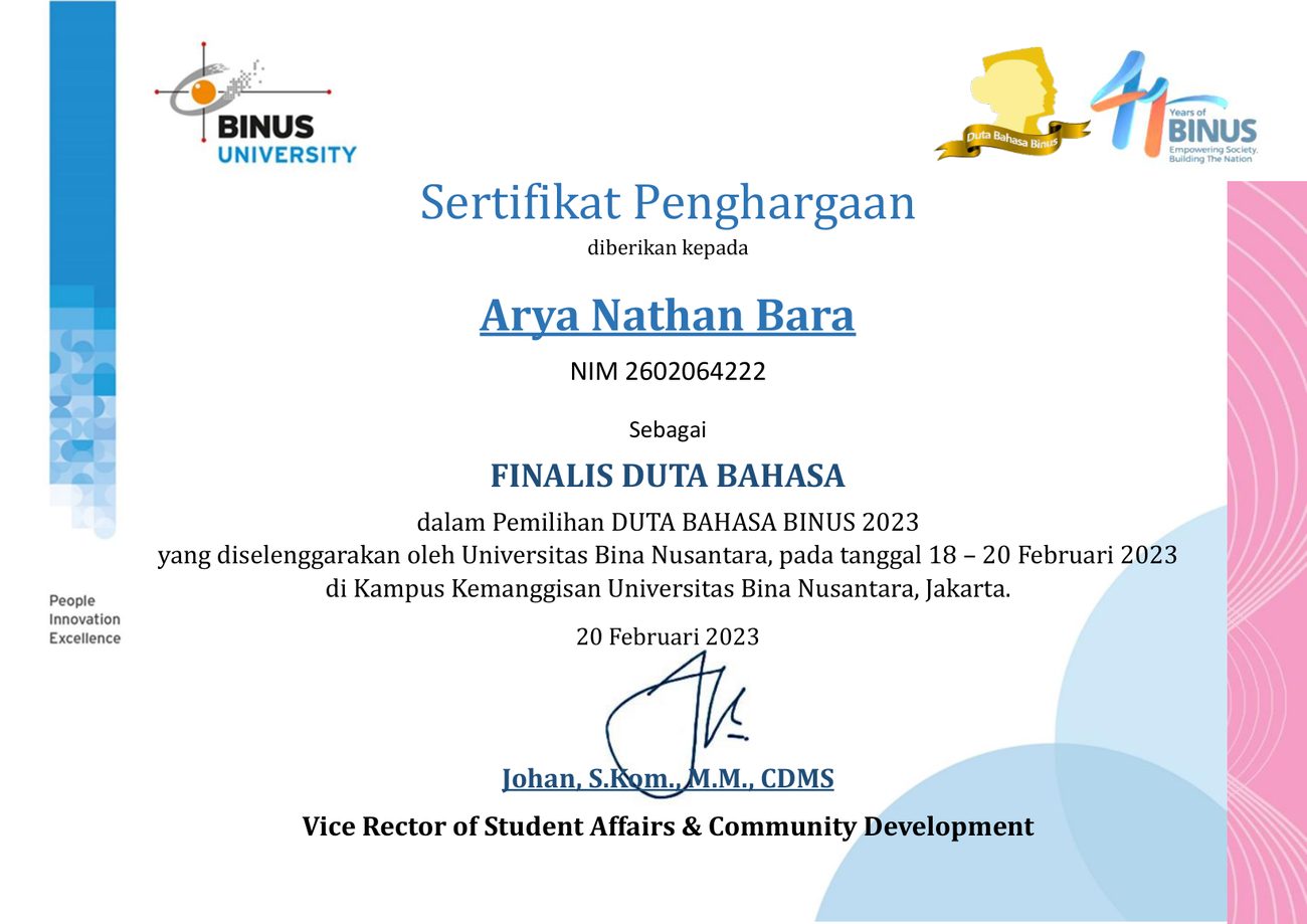 Duta Bahasa BINUS 2023 finalist certificate