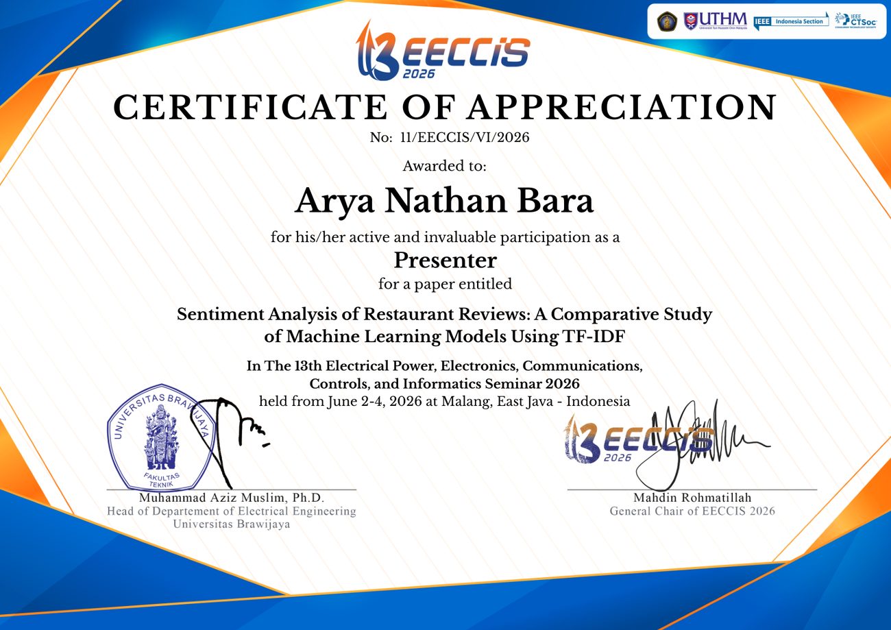 EECCIS 2026 presenter certificate for Arya Nathan Bara