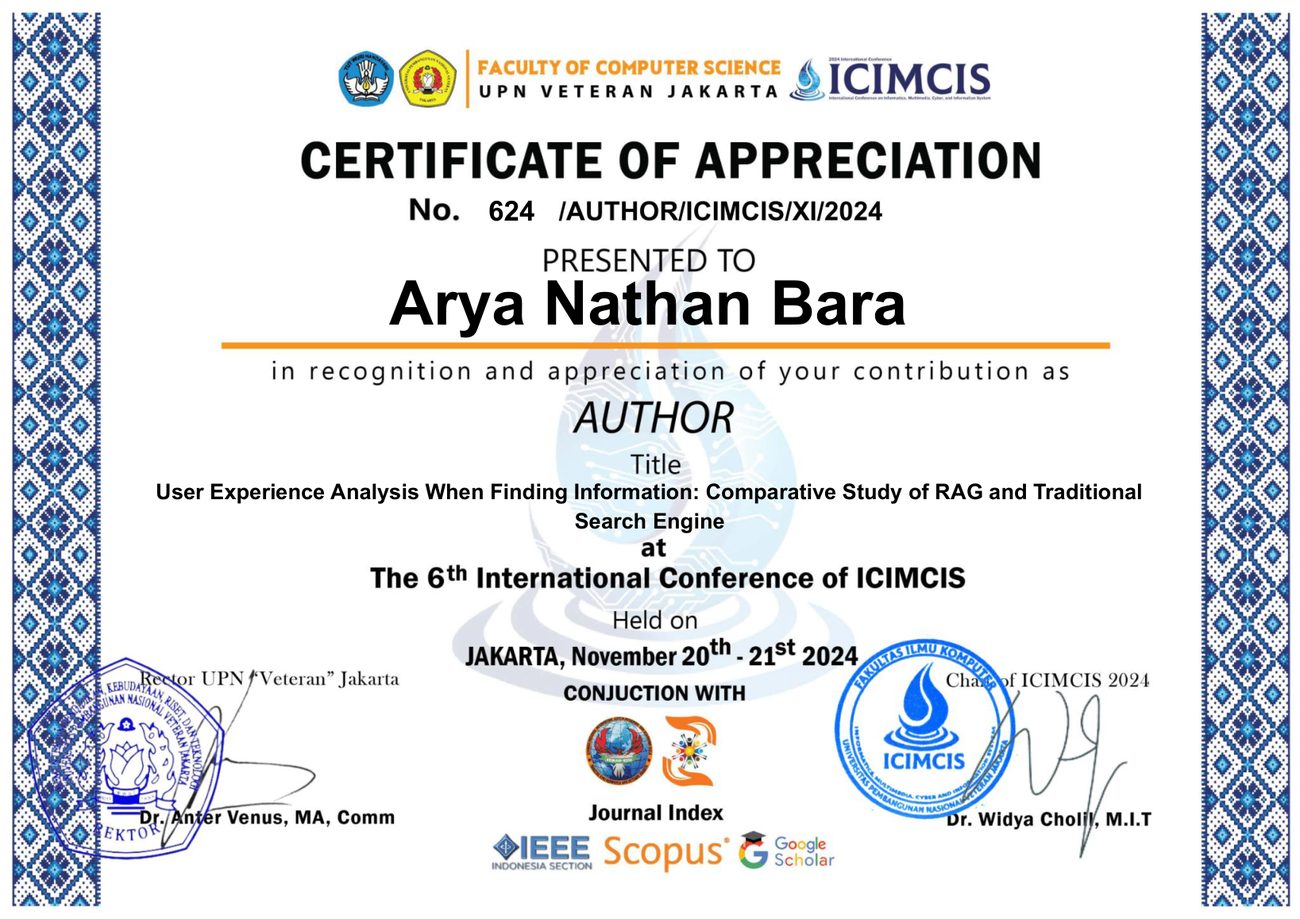ICIMCIS 2024 author certificate for Arya Nathan Bara