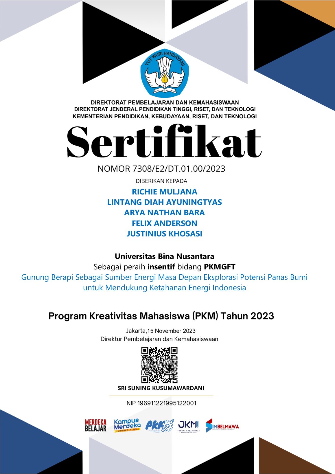 PKM-GFT 2023 incentive recipient certificate from the Ministry of Education