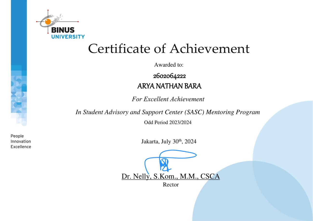 BINUS SASC mentoring program certificate of achievement
