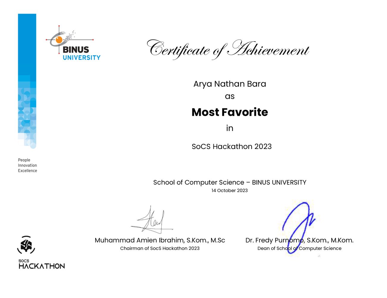 SoCS Hackathon 2023 Most Favorite certificate of achievement