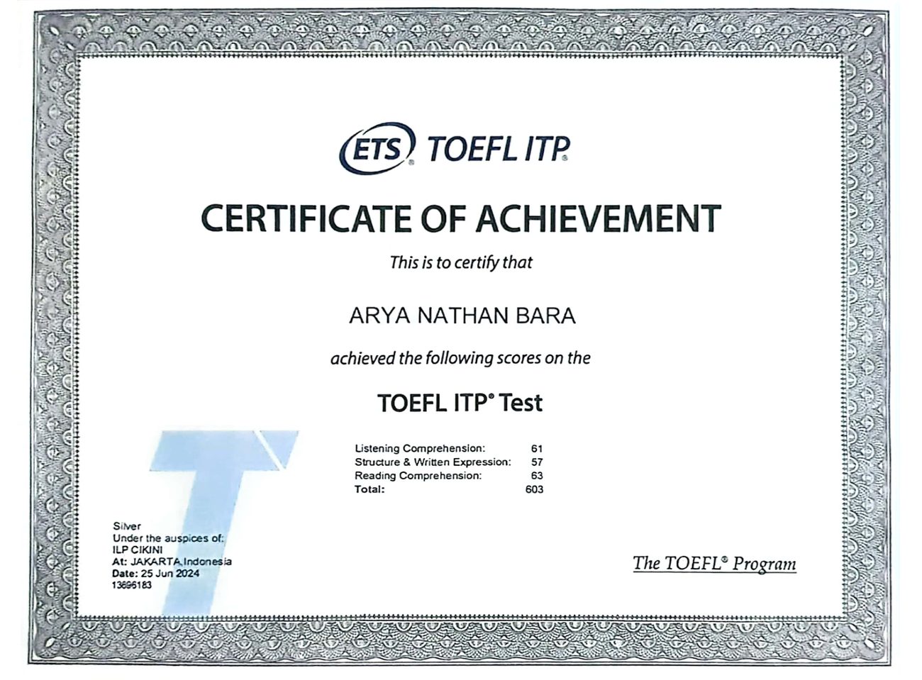 TOEFL ITP certificate of achievement, total score 603